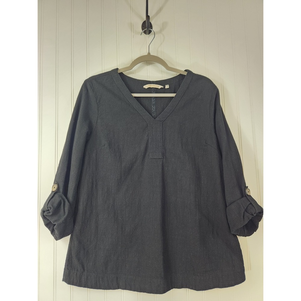 Soft Surroundings Charcoal Black Cotton V-Neck Roll Tab Tunic Top Petite Medium